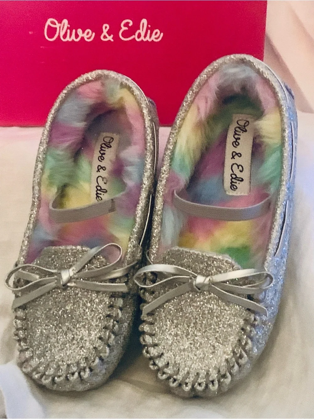 Olive & Edie Silver Glitter Kids Moccasins with Rainbow Faux-Fur Lining